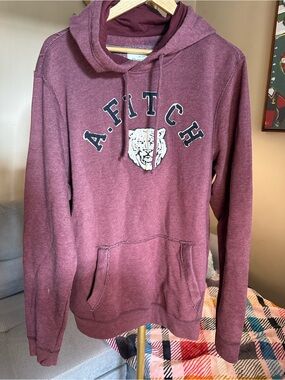 Abercrombie & Fitch Burgundy Pullover Hoodie with Embroidered Letters and Tiger